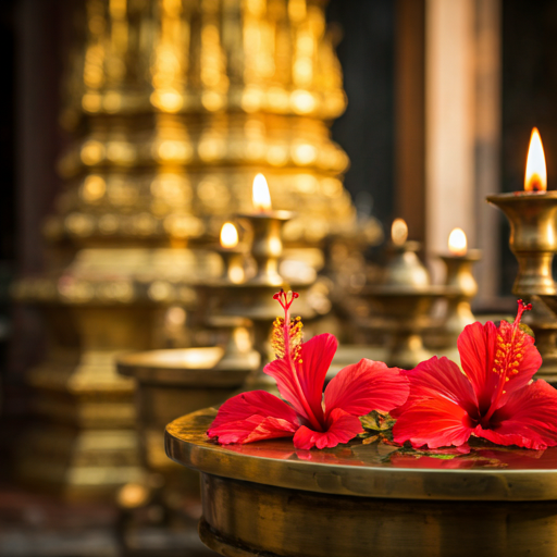 Traditional brass oil lamps and hibiscus flowers at the temple